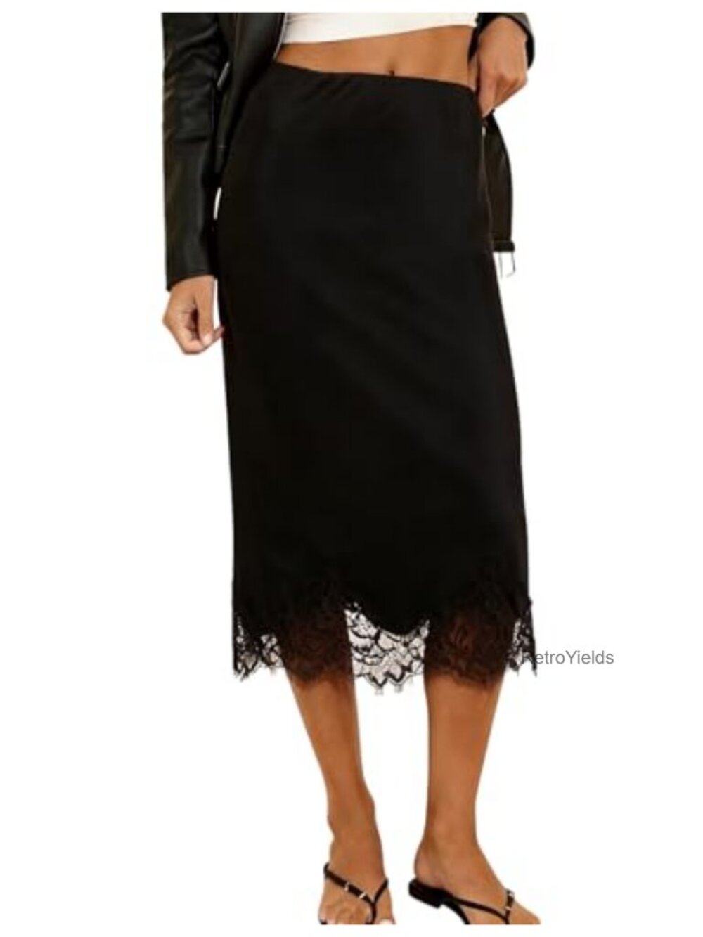 Satin Midi Skirt A-Line Lace Trim High Waisted Flowy